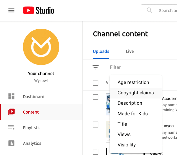 YouTube Studio copyright claims