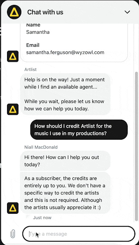 Artlist customer support