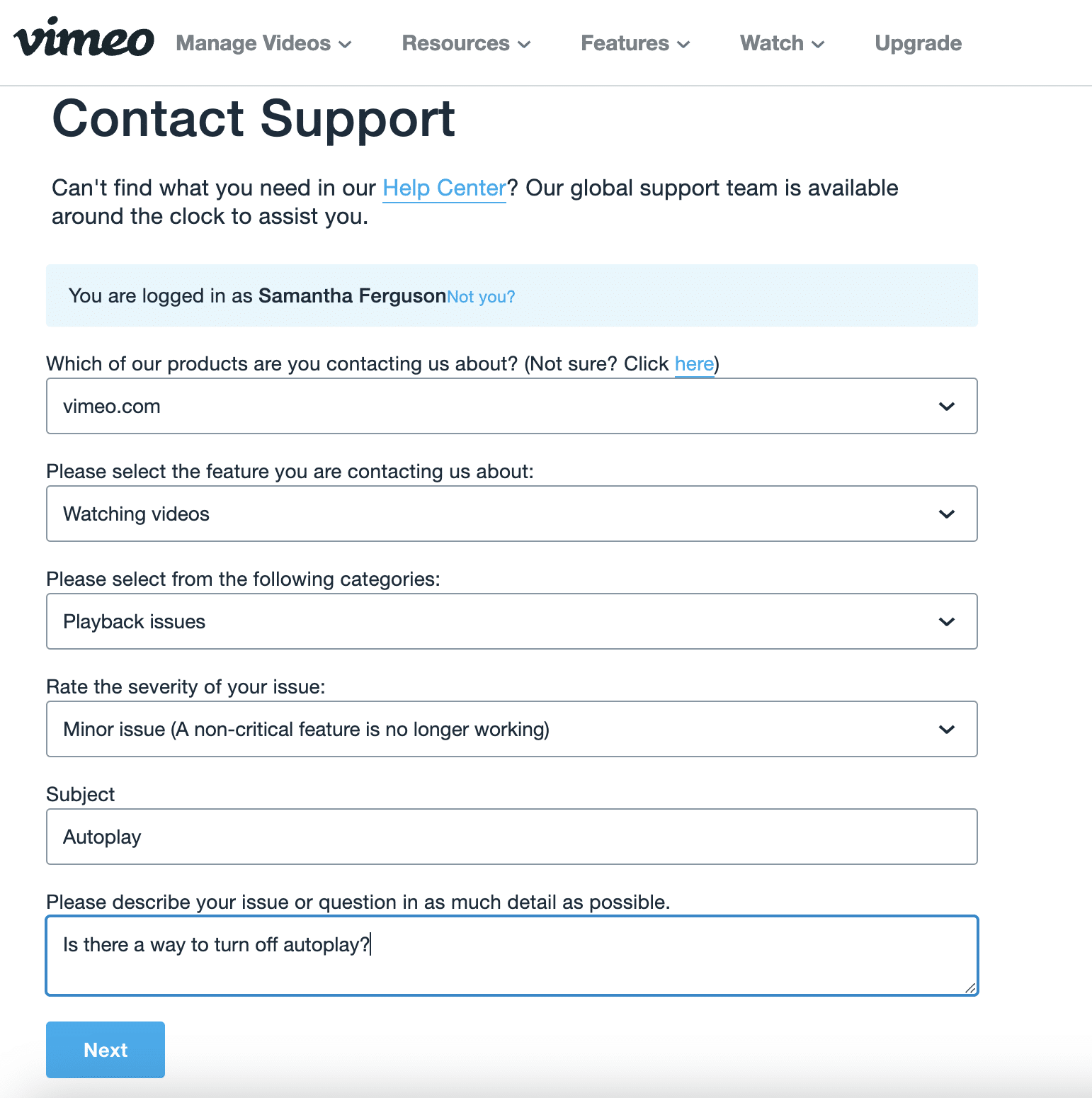 Vimeo contact form