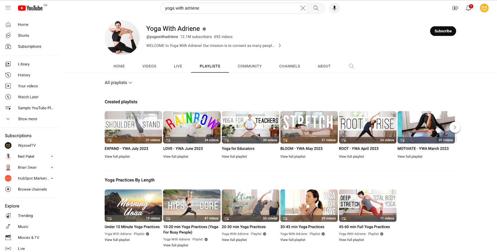 Yoga With Adriene YouTube page
